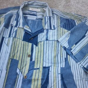 Tommy Bahama Blue and Sage Striped Silk Button-Up